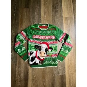 Holiday Time Cow Christmas Moood Sweater Mens Small Green Excellent Cowbell Knit